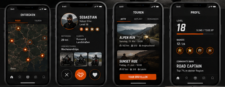 Vier Ansichten der NODBOUND App